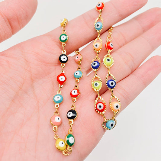 Enamel Evil Eye 18k Gold Plated Stainless Steel Bracelet-FGS